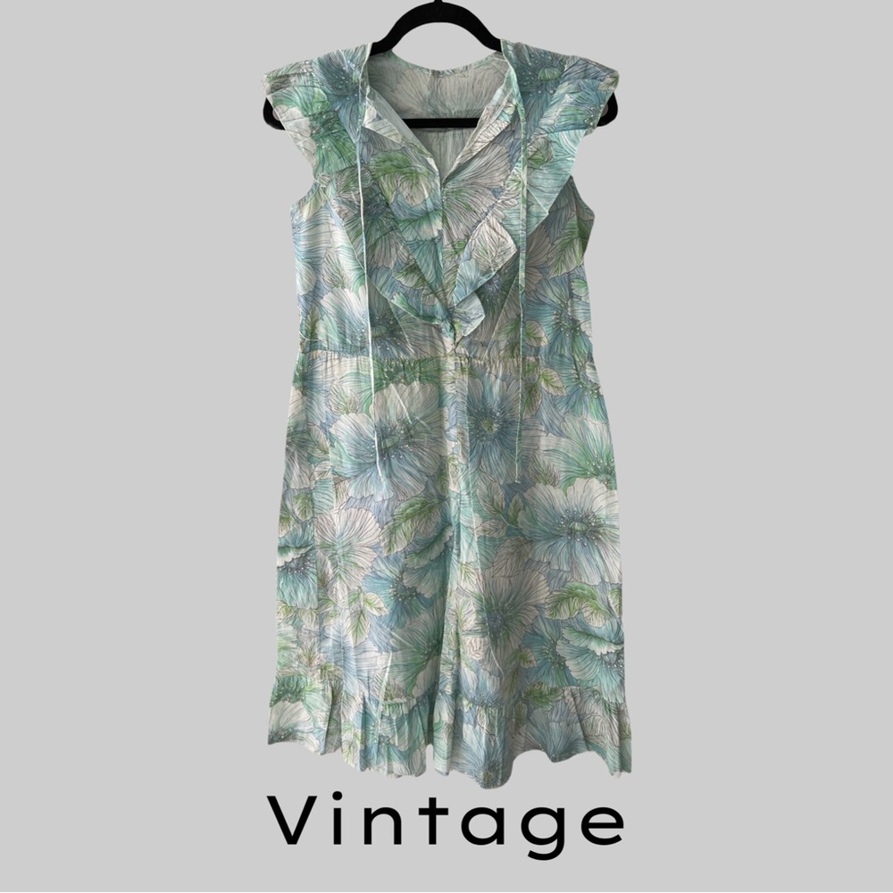 VINTAGE PALE BLUE COTTON FLORAL PRINT SUMMER DRESS - SIZE SMALL